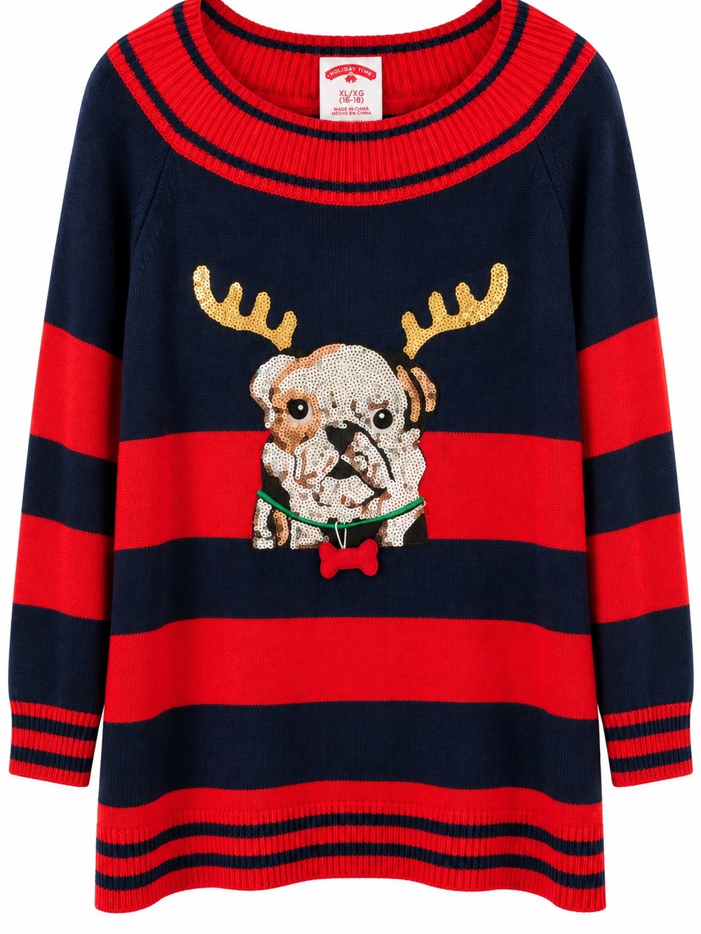 Holiday Time Navy and Red Striped Scoop-Neck Sweater